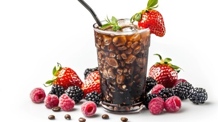 An ultra-realistic presentation of a dark iced coffee in a glass cup, with cream cascading down