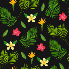 Tropical plants pattern with exotic leaves,flowers on dark background.
