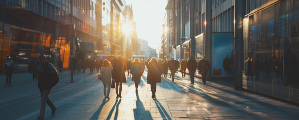 People walking down a city street during sunset