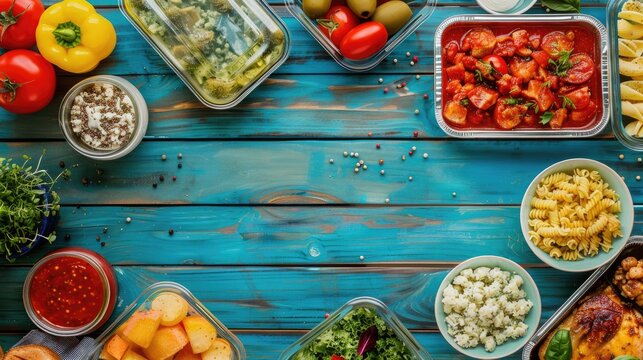 Background picture of a bright colored wooden table with lots of school food and sallad and vegetarian food, chicken 
