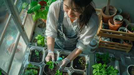 A girl repotting indoor plants