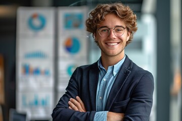 Obraz premium A young financial analyst in a suit and glasses is smiling for the camera
