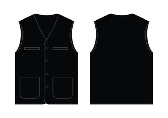 Black Vest with Multi Pockets Template on White Background. Front and Back Views, Vector File.