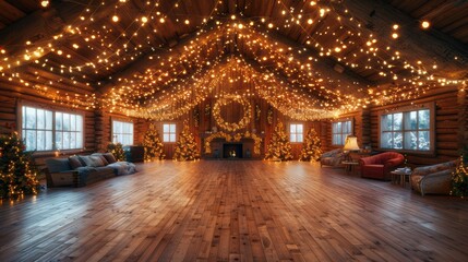 Cozy rustic cabin interior with warm string lights and festive Christmas decorations, perfect for a holiday gathering.
