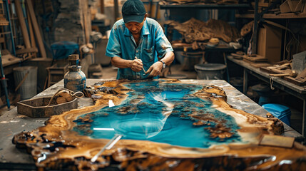 Obraz premium A carpenter designing a table with a wood slab and epoxy resin