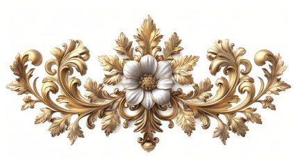 Golden floral ornament in baroque style isolated on white background. Ideal for interior design, textile, ceramics, packaging