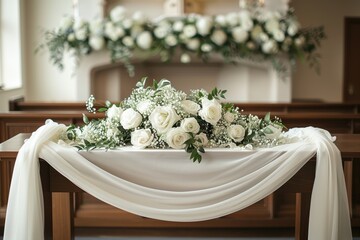 Elegant wedding floral arrangement with white roses and decorative greenery, beautifully draped with white fabric in a romantic setting.