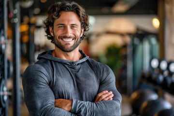 Fototapeta premium A fitness coach with a big smile on his face is posing for a picture in a gym