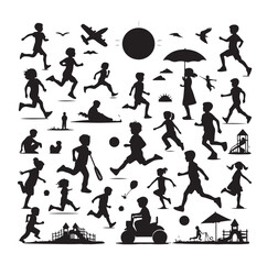 Little kids running silhouettes vector illustration
