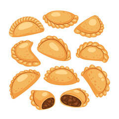 Set of curry puffs collection, Argentine empanada, Pastel Goreng Indonesian Traditional Snack, asian dessert, Street food snack with curried fillings. Singaporean cuisine, isolated on white background