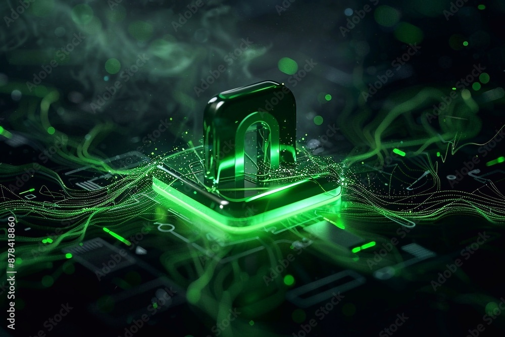 Poster digital image of a green lock symbolizing cyber security and data protection. the lighting effects e