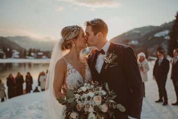 A bride and groom share a kiss during their snowy outdoor wedding ceremony, surrounded by friends and family at sunset.