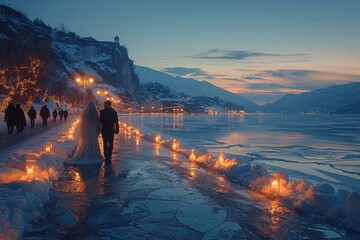 Couple walking along a candle-lit path by a frozen lake during a beautiful winter sunset, surrounded by snow-covered mountains and cozy lights.