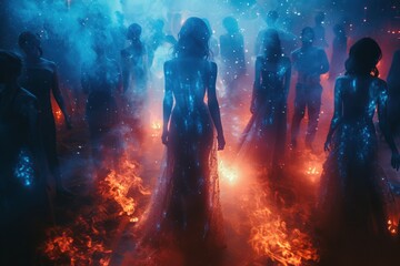 Surreal scene of mystical figures surrounded by ethereal lights and flames in an otherworldly atmosphere.