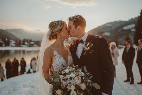 A bride and groom share a kiss during their snowy outdoor wedding ceremony, surrounded by friends and family at sunset.