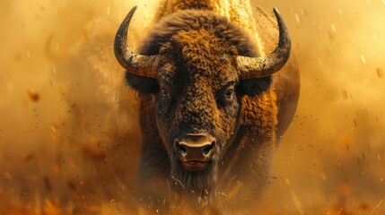 Wild bison kicks up dust as it gallops through a vast field, its fur glistening under the sun, exuding strength and freedom in the american wilderness