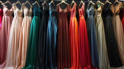 Elegant formal dresses for sale in luxury modern shop boutique. Prom gown, wedding, evening, bridesmaid dresses dress details. Dress rental for various occasions and events.