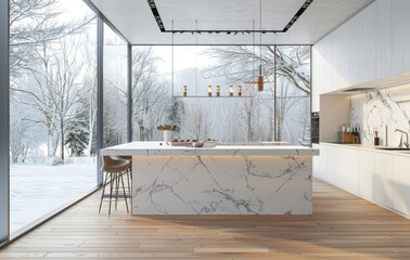 Modern kitchen interior with marble countertops in a bright and airy space, overlooking a snowy winter landscape