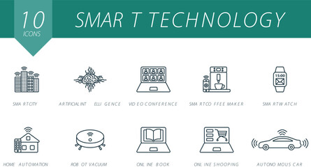 Smart technology outline icons set. Creative icons: smart city, artificial intelligence, video conference, smart coffee maker, smart watch, home automation and more