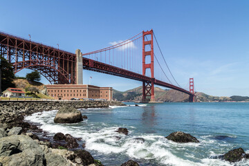 Golden Gate Bridge and Fort Point National Historic Site from Marine Dr