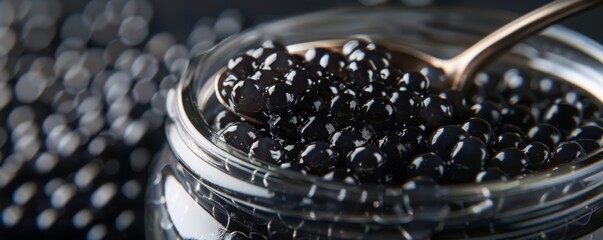 Shiny spoon scooping up black caviar from a glass jar, highlighting luxury and gourmet appeal. Perfect for food photography enthusiasts