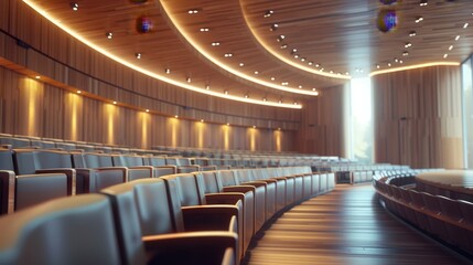 A modern auditorium interior designed for conferences close up, focus on, business events, realistic, composite, corporate backdrop