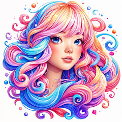 Fototapeta premium A stylized, colorful illustration of a girl with vibrant hair and eyes, set against a backdrop of swirling colors.