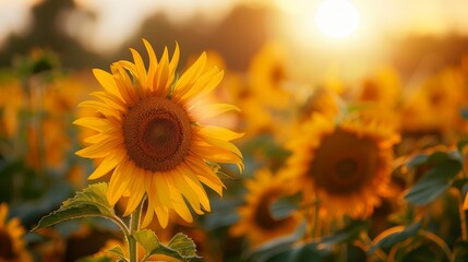 Fototapeta premium An agricultural farm with a field of blooming sunflowers close up, focus on, natures beauty, realistic, composite, summer backdrop