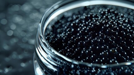 Luxurious jar of fresh black caviar, shining beautifully in the light, perfect for special occasions and fine dining, exuding wealth and exclusivity