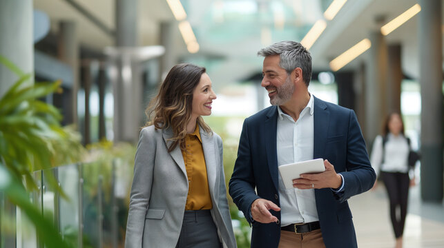 Corporate pair using tablet in hallway