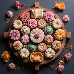 Fototapeta premium Mooncakes with delicate floral imprints on a wooden tray surrounded by peanuts, dried fruits, and walnuts. Soft light highlights intricate details, creating an elegant display.