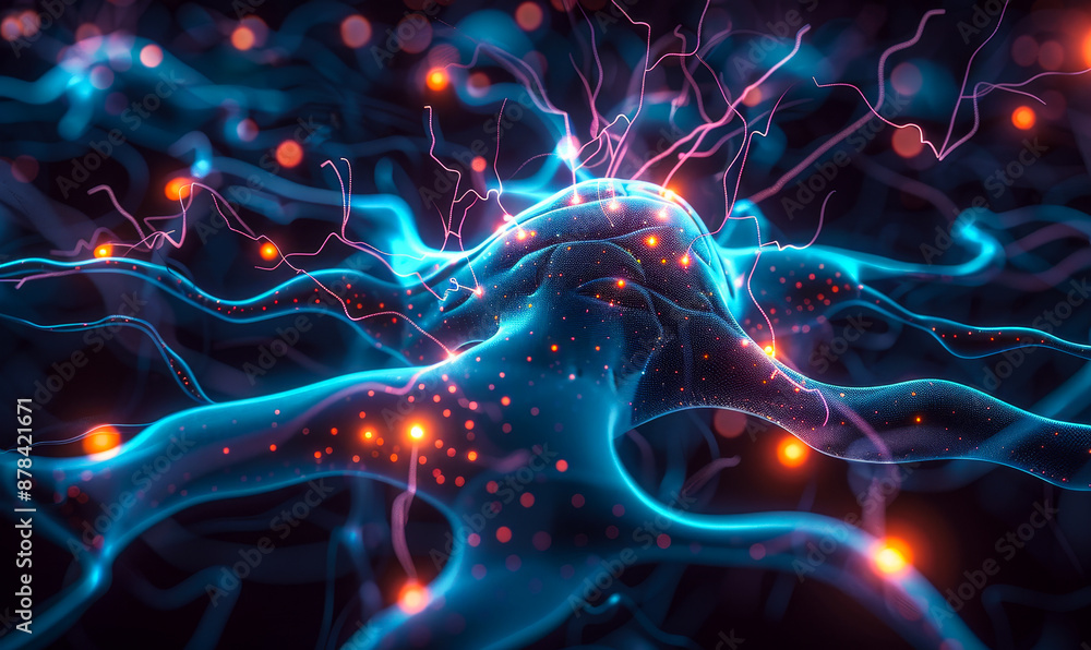 Poster futuristic neural network with glowing bioluminescence depicting direct brain-ai interface in a dark