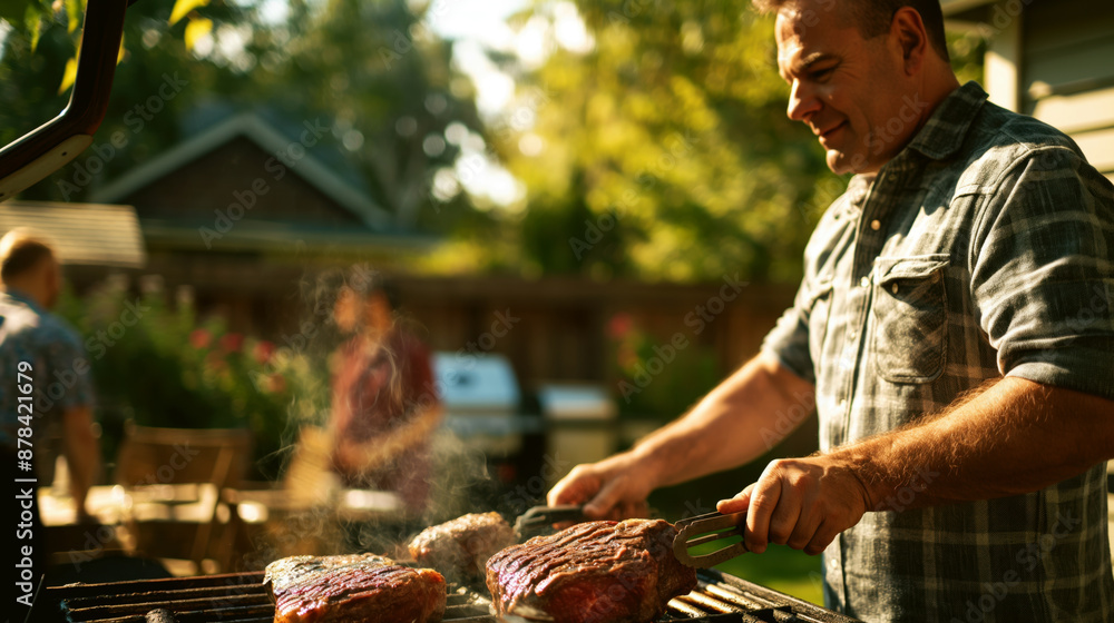 Canvas Prints Man grilling meat on a barbecue in a backyard setting with family around