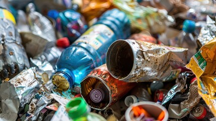 A close-up photograph of a pile of mixed waste, including plastic bottles, paper, and metal cans, showing textures and colors