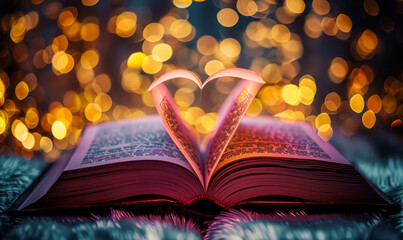 Open Book with Heart-Shaped Pages and Romantic Bokeh Lights, Cozy Evening Literary Concept, Love for Reading, Valentine's Day Theme