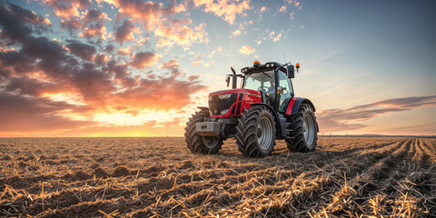 Obraz premium A tractor stands in a plowed field at sunset, under a dramatic sky.