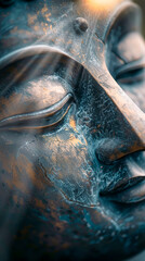 Serene Buddha Face with Sun Rays - Close Up Spiritual Concept Highlighting Tranquility and Buddhist Religion, Perfect for Meditation, Mindfulness, and Peaceful Themes