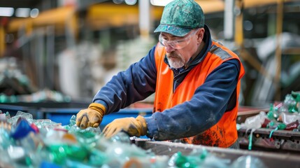 Obraz premium A close-up photograph of a waste management officer in uniform, sorting recyclable materials, holding a plastic bottle and placing it into a blue recycling bin