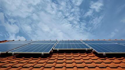 Solar panels producing clean energy on a roof of a residential house