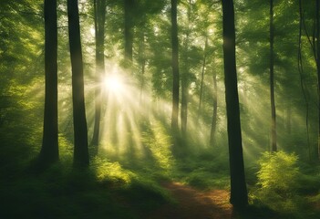 Obraz premium forest wood green sunlight landscape tree ray nature sun rays beautiful spring summer panorama