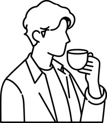 person with a cup of coffee line art illustration