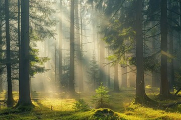 Obraz premium serene misty forest landscape rays of sunlight filtering through tall pine trees nature photography