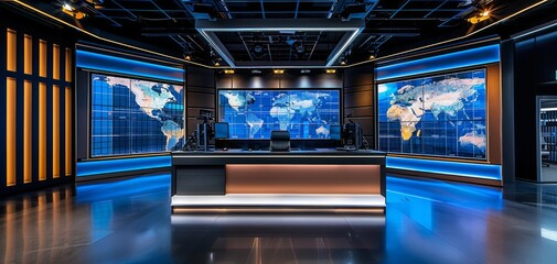 Obraz premium Modern news studio with large screens displaying world map.