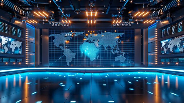 Modern news studio with a world map on the wall.