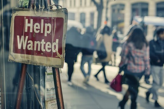 Help Wanted Sign with Blurred City Background
