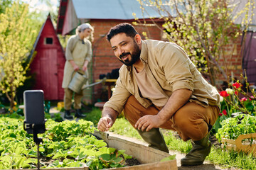 Happy mature male gardener sitting on squats by flowerbed with strawberry seedlings and...