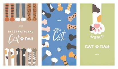 Set of images in story format for social media, with a greeting for World Cat Day. Cute cat paws of different colors and breeds. Bengal, sphynx, tabby, spotted, and solid-colored.
