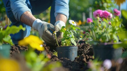 Fototapeta premium A close-up of a gardener planting flowers