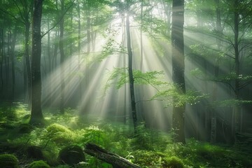 serene morning landscape in misty forest with sun rays filtering through trees nature photography