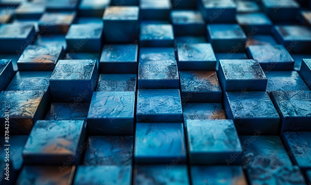 Poster 3d rendered modern technology background with blue and turquoise multisized blocks in perfect alignm